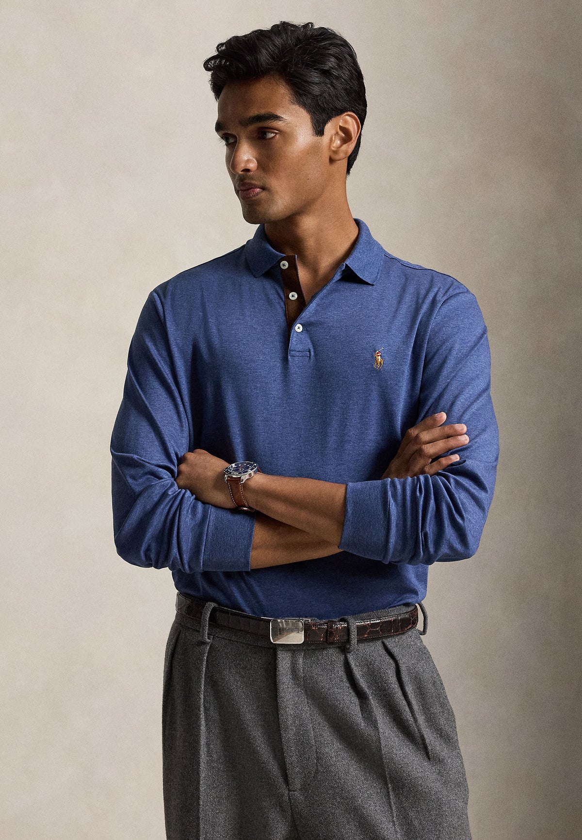 Polo manches longues en coton doux bleu