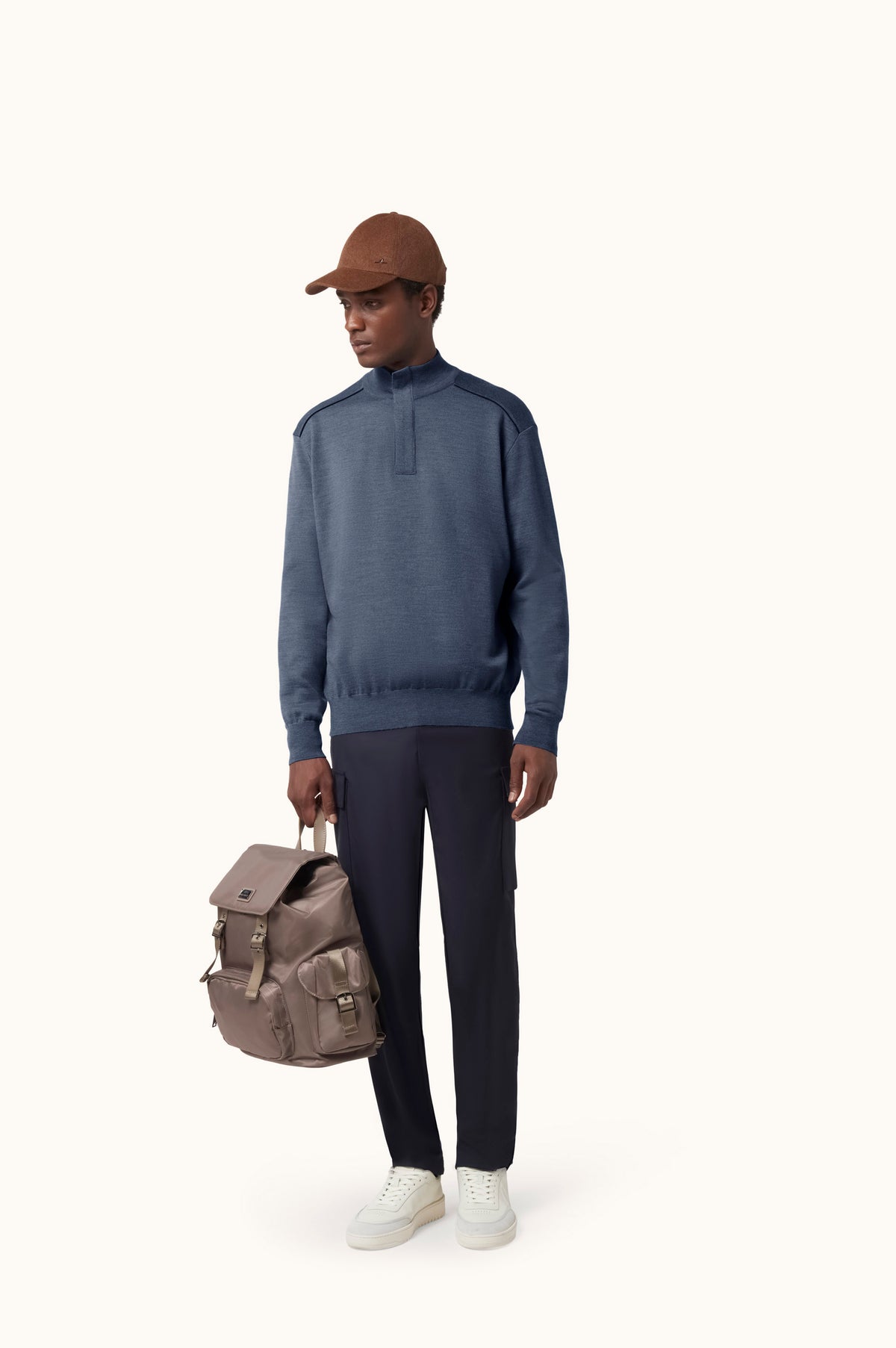Pull bleu acier demi-zip en laine vierge