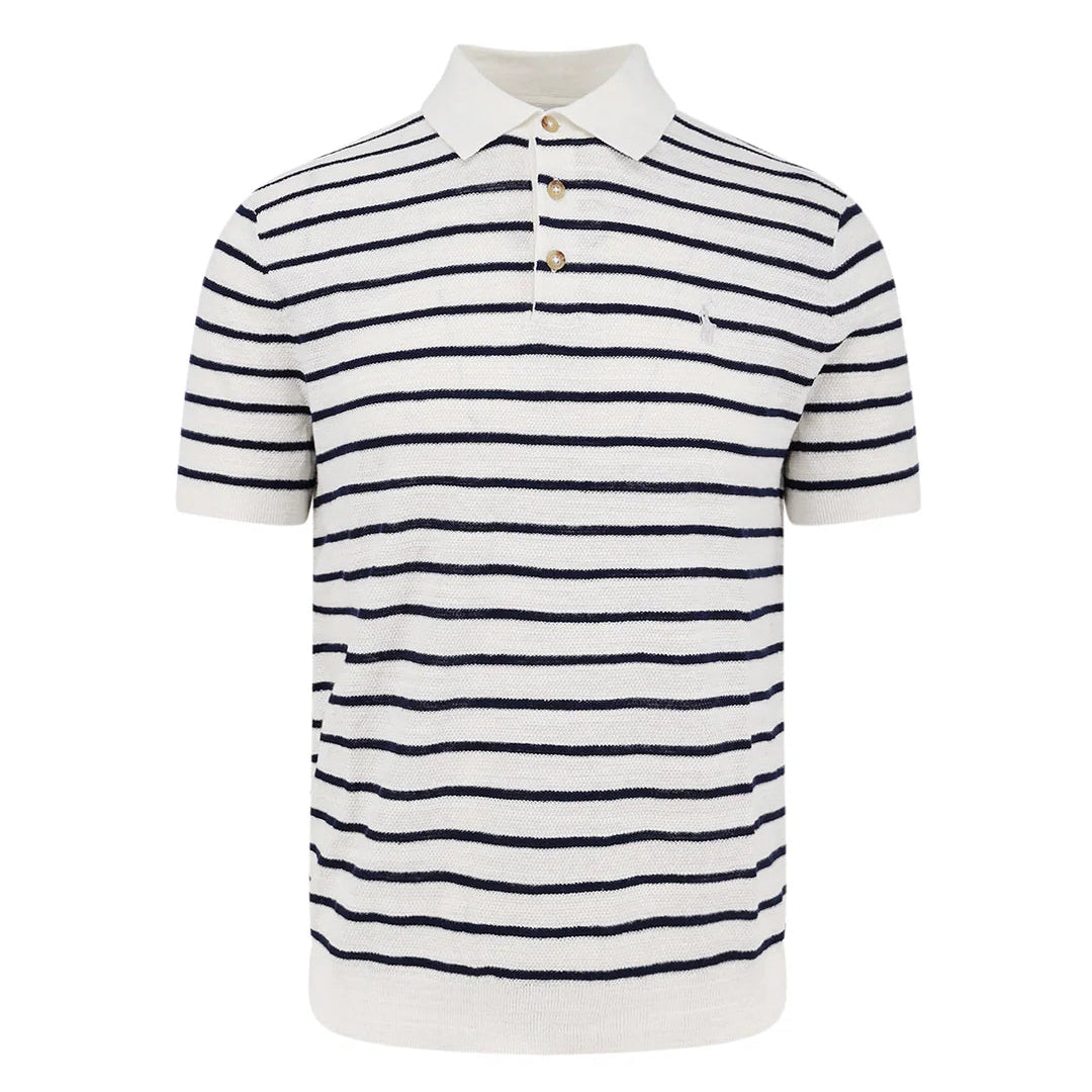 Polo en tricot tressé bleu et blanc