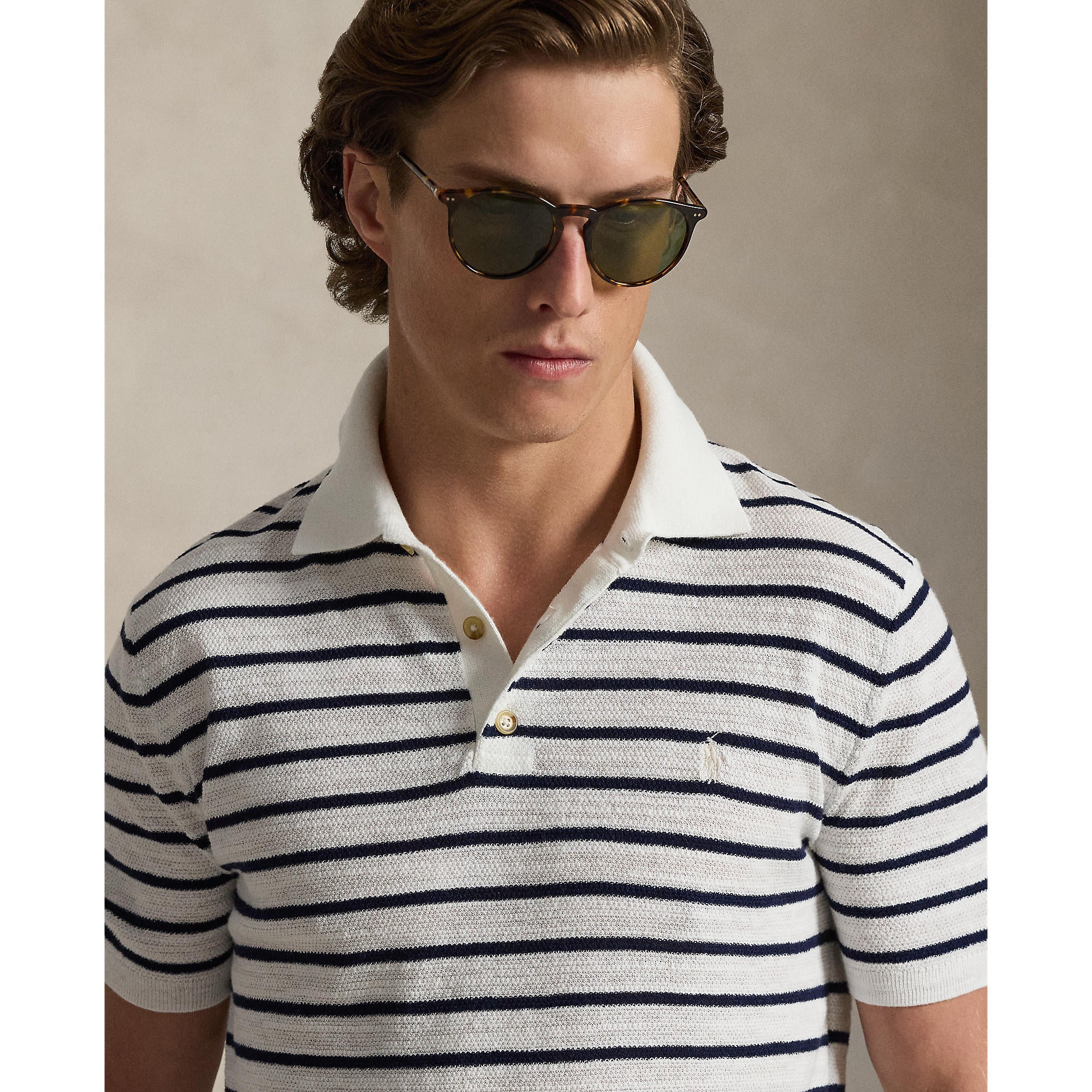 Polo en tricot tressé bleu et blanc
