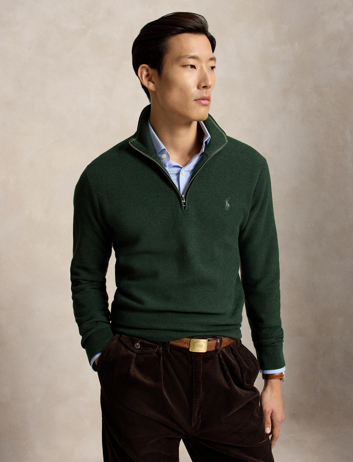 Pull de coton demi-zip vert forêt