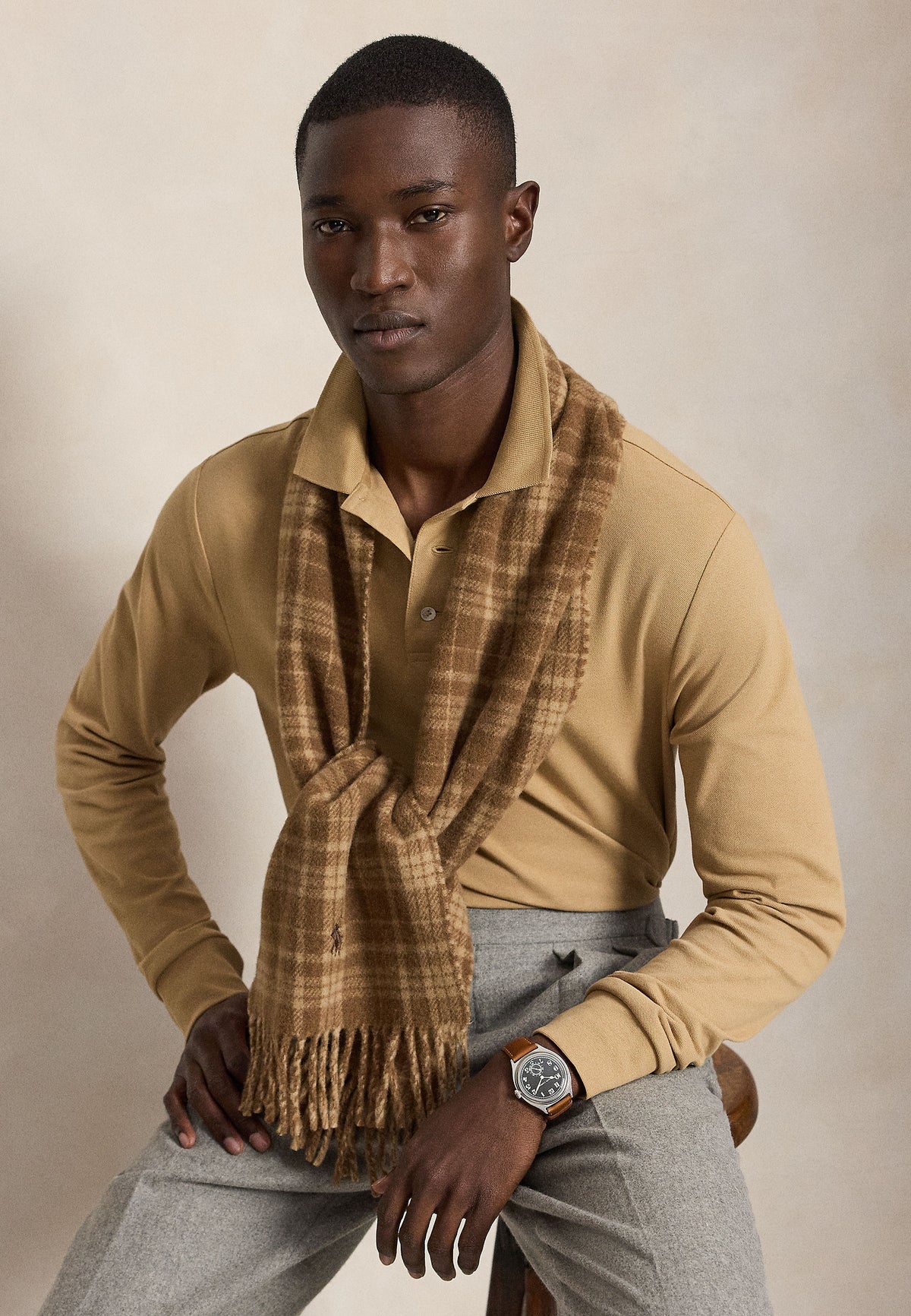 Polo manches longues en coton doux camel