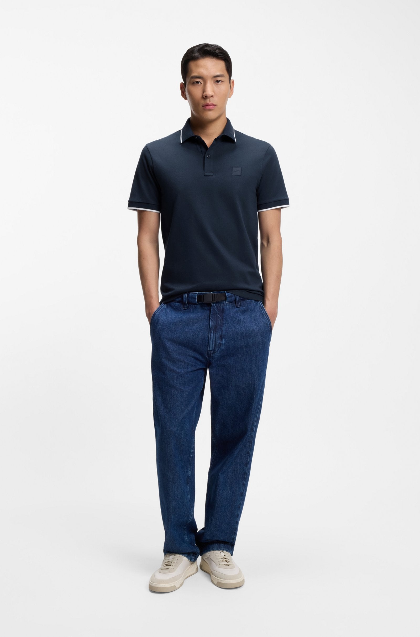 Polo slim fit en coton extensible marine