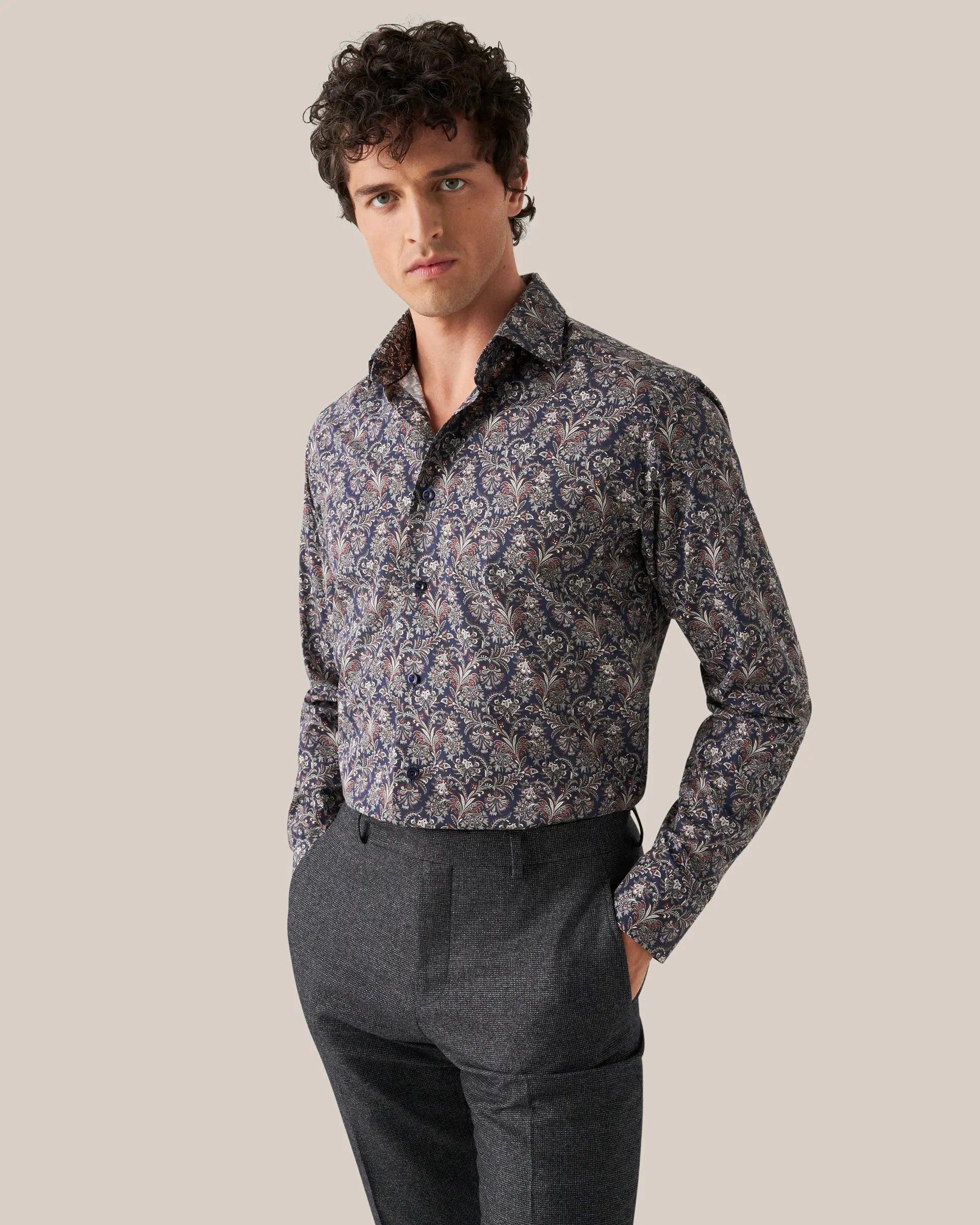 Laflamme- Chemise bleu marine en twill à imprimé cachemire - Eton