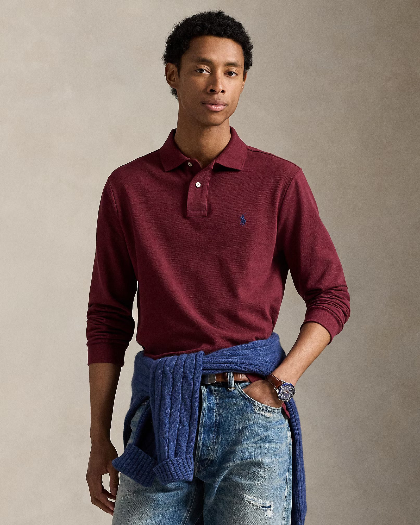 Polo manches longues en maille de coton bordeaux