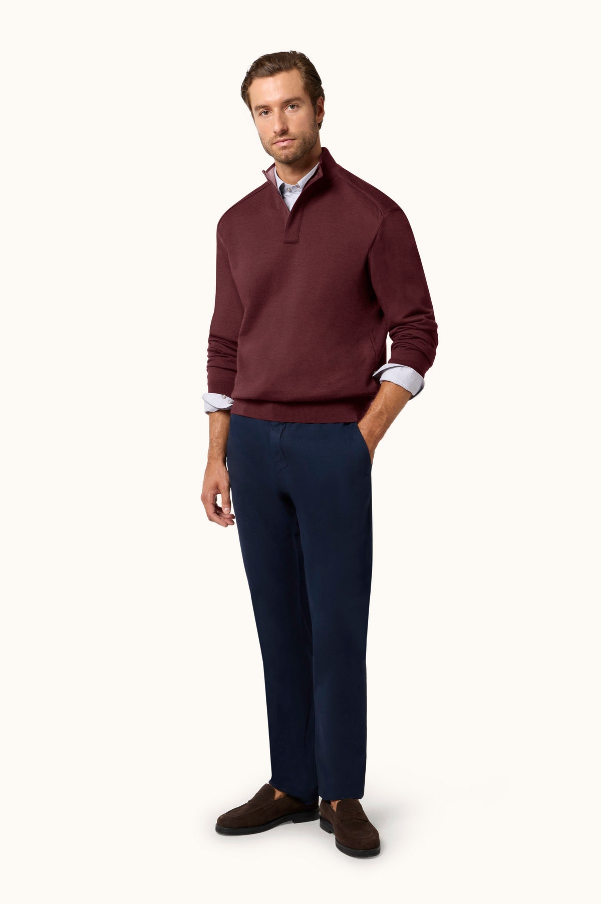 Pull demi-zip en laine vierge bordeaux