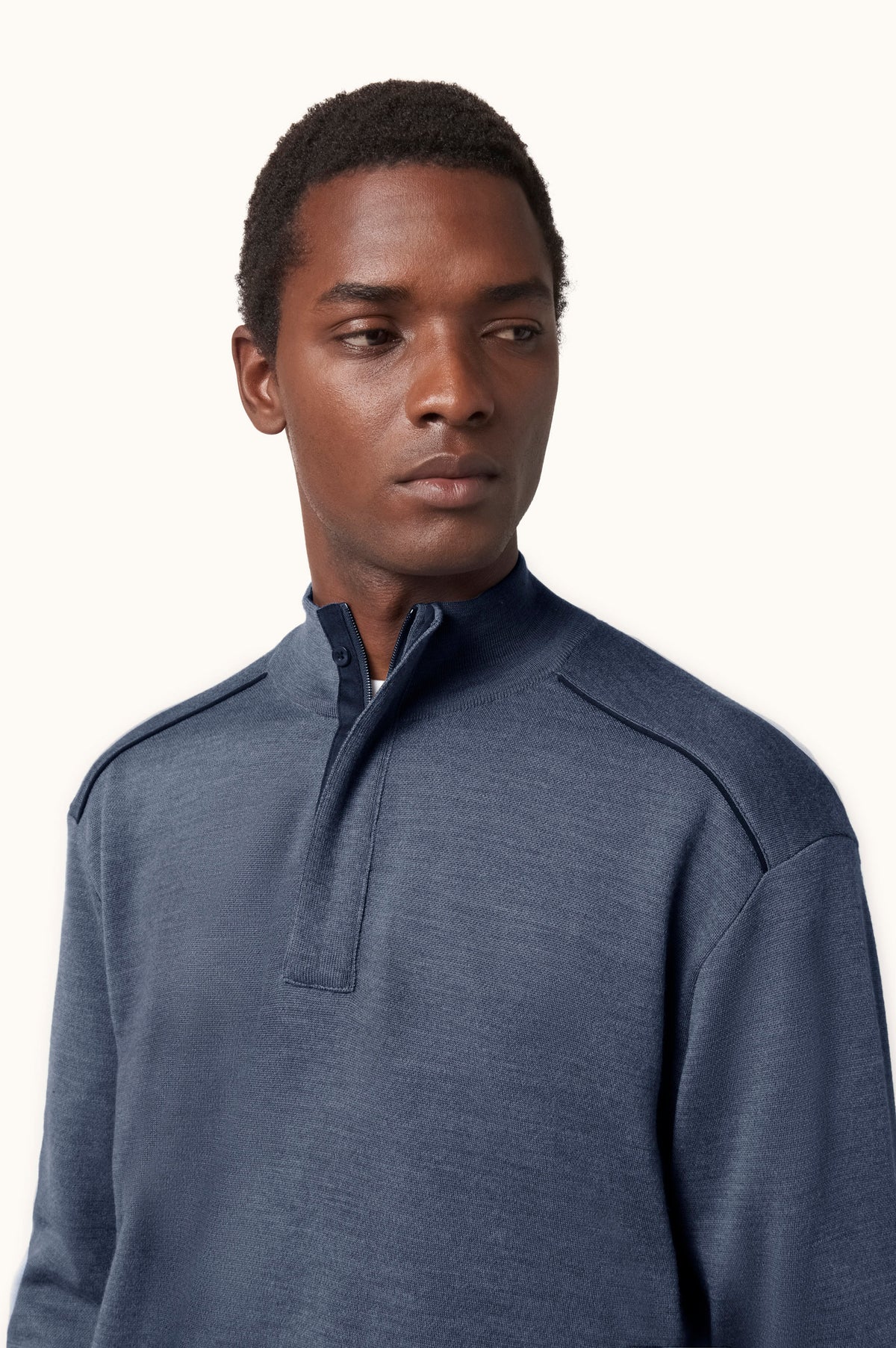Pull bleu acier demi-zip en laine vierge