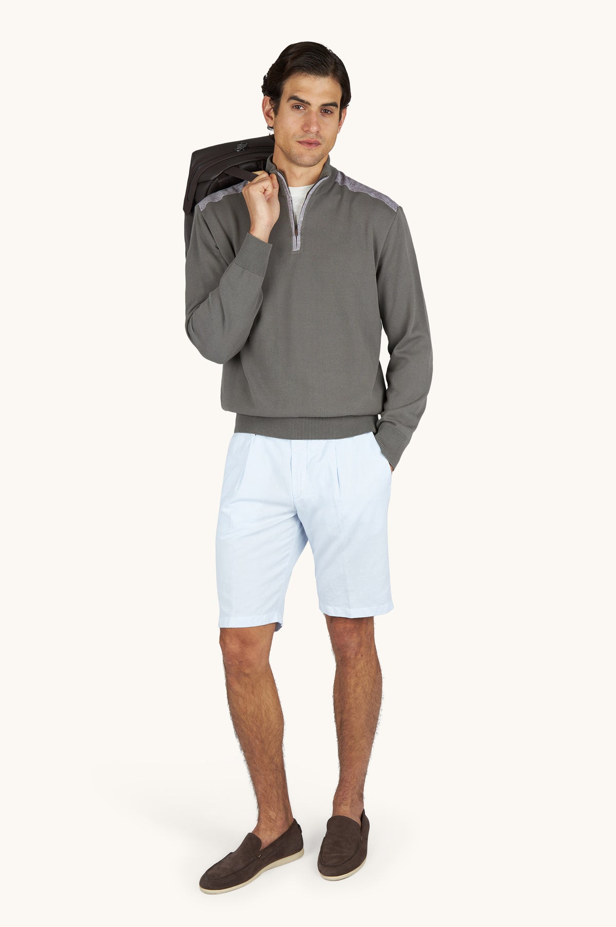 Pull beige demi-zip en coton
