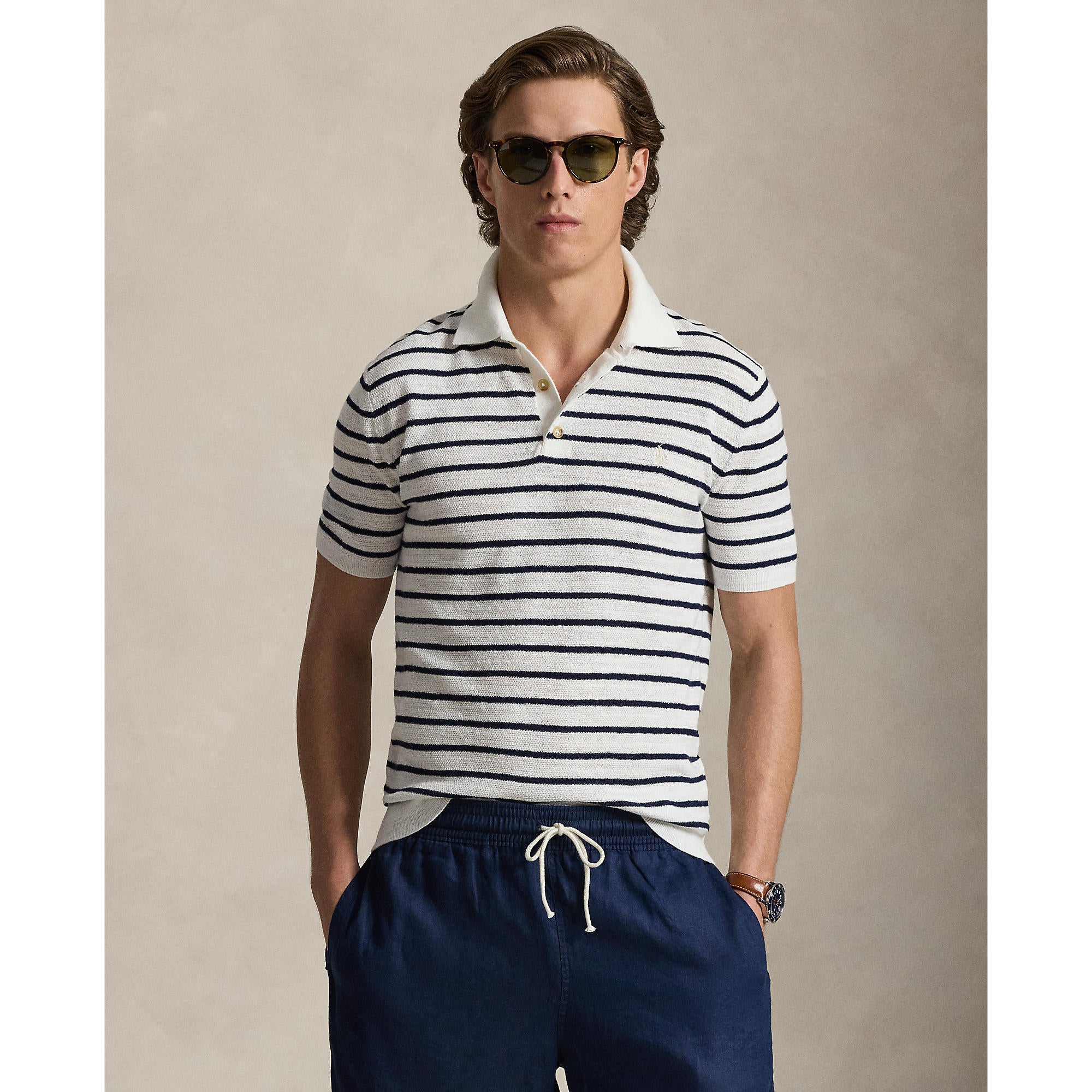 Polo en tricot tressé bleu et blanc