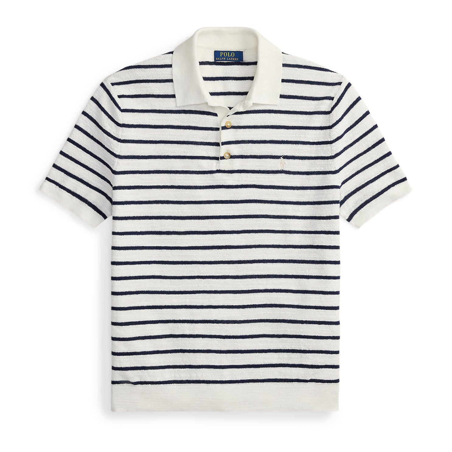Polo en tricot tressé bleu et blanc
