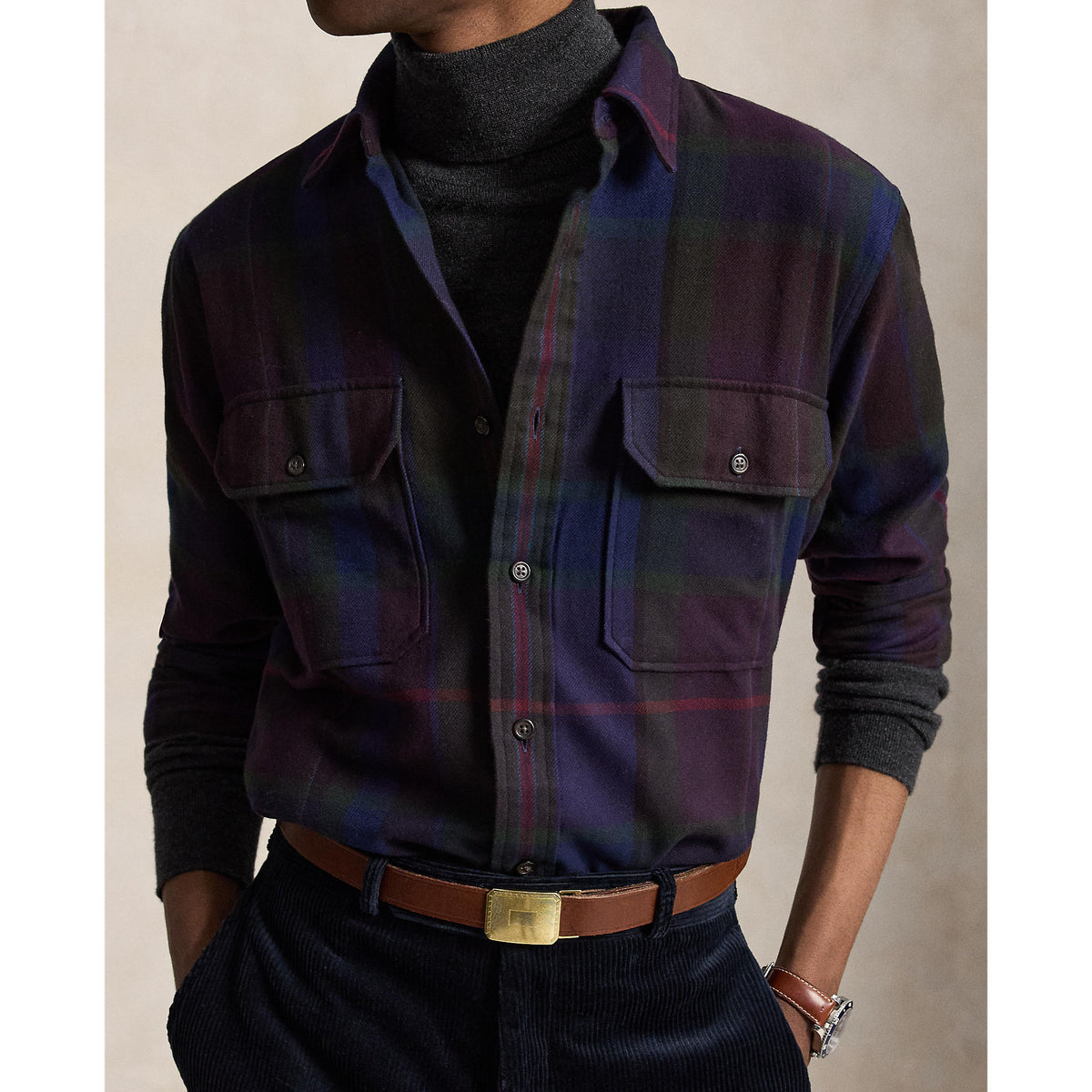 Chemise à carreaux avec empiècements en suède&nbsp;