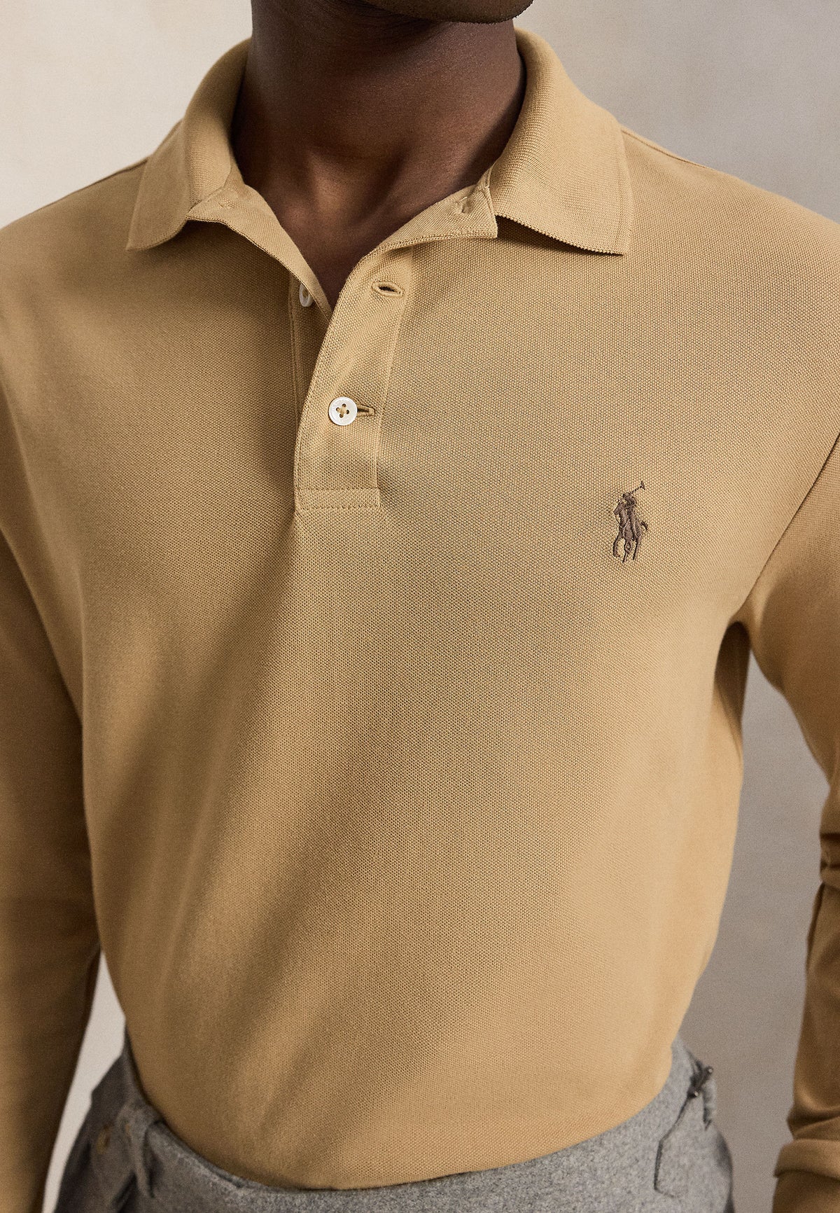 Polo manches longues en coton doux camel
