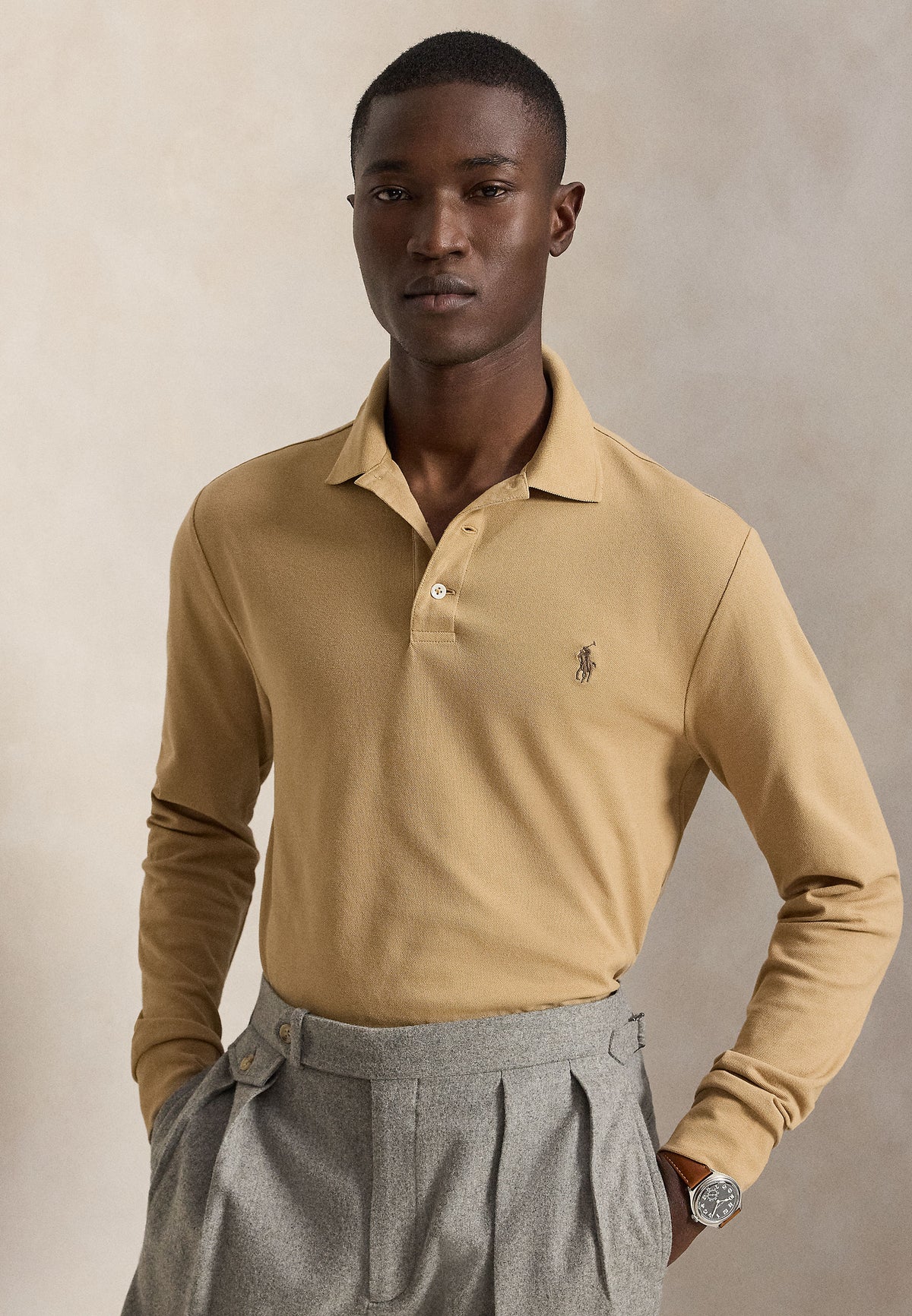 Polo manches longues en coton doux camel