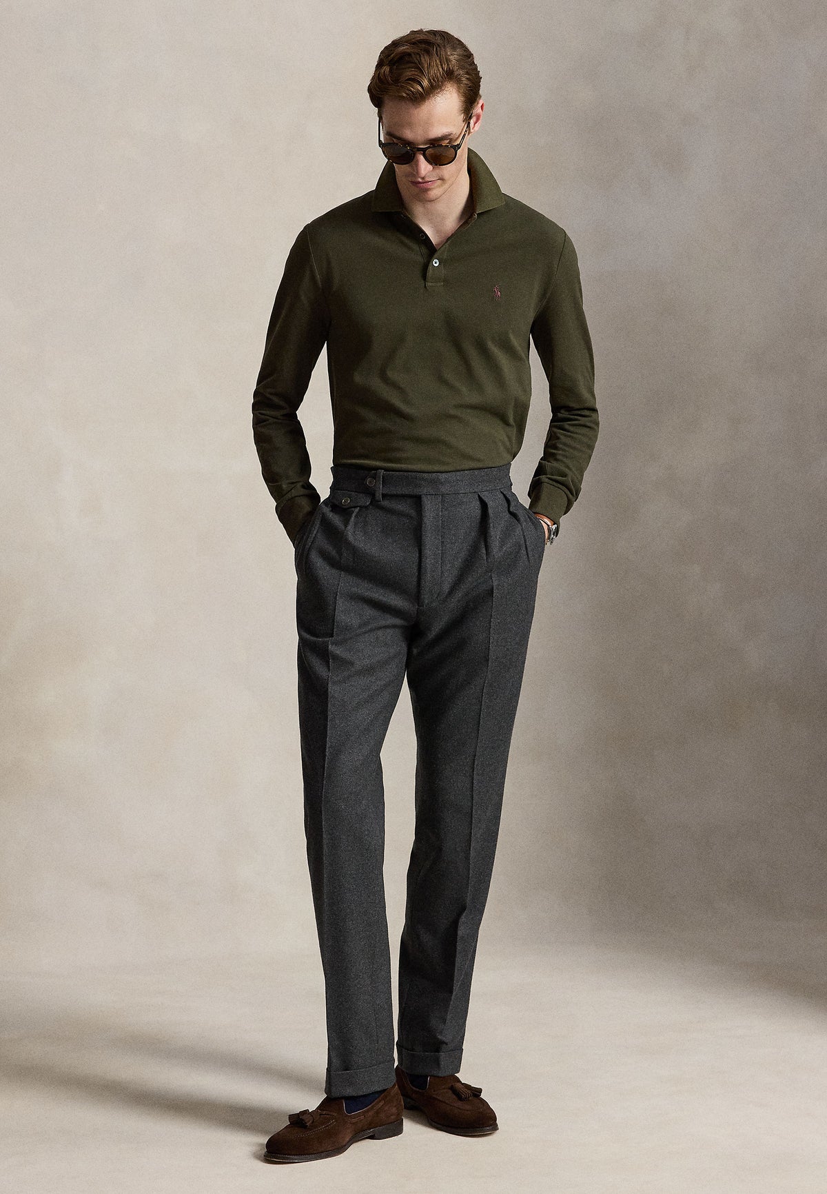 Polo manches longues en coton doux vert olive