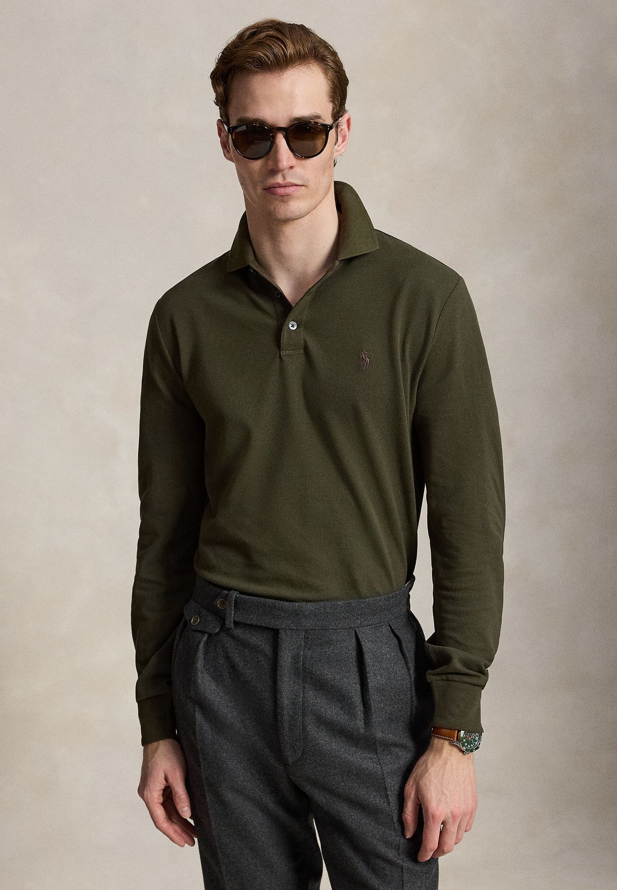 Polo manches longues en coton doux vert olive