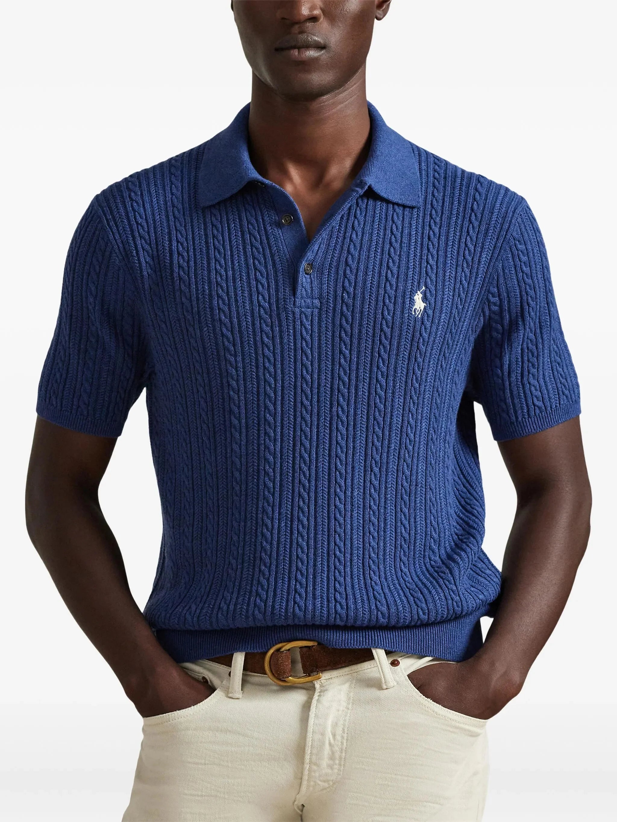 Polo en tricot tressé bleu