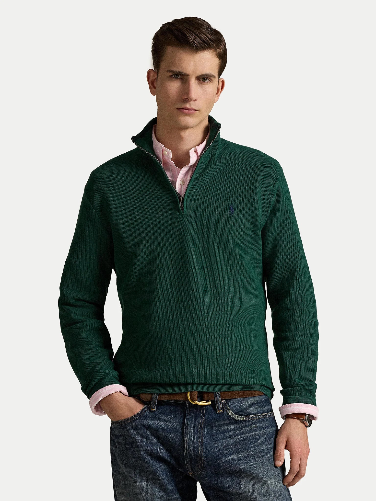 Pull quart de zip en coton vert