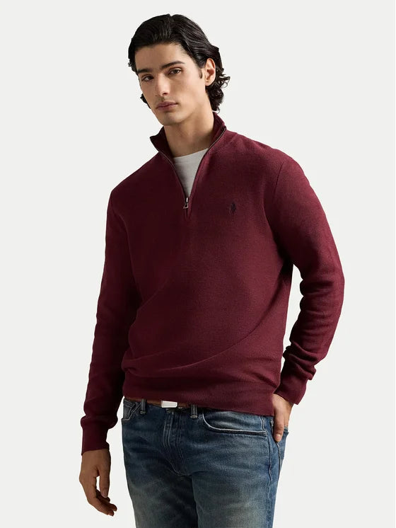 Pull quart de zip en coton bordeaux