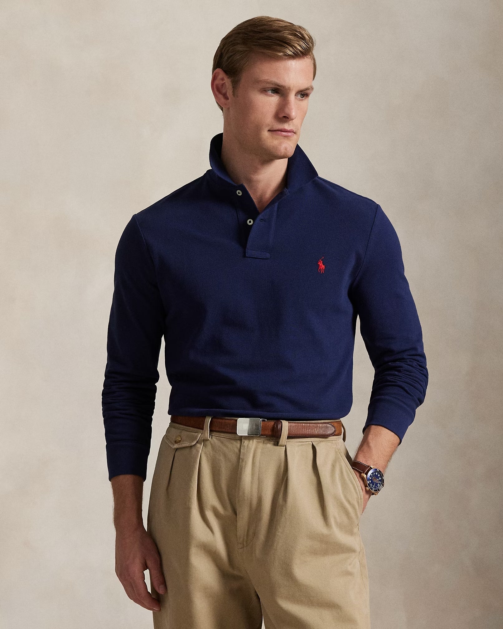 Polo manches longues en maille de coton marine