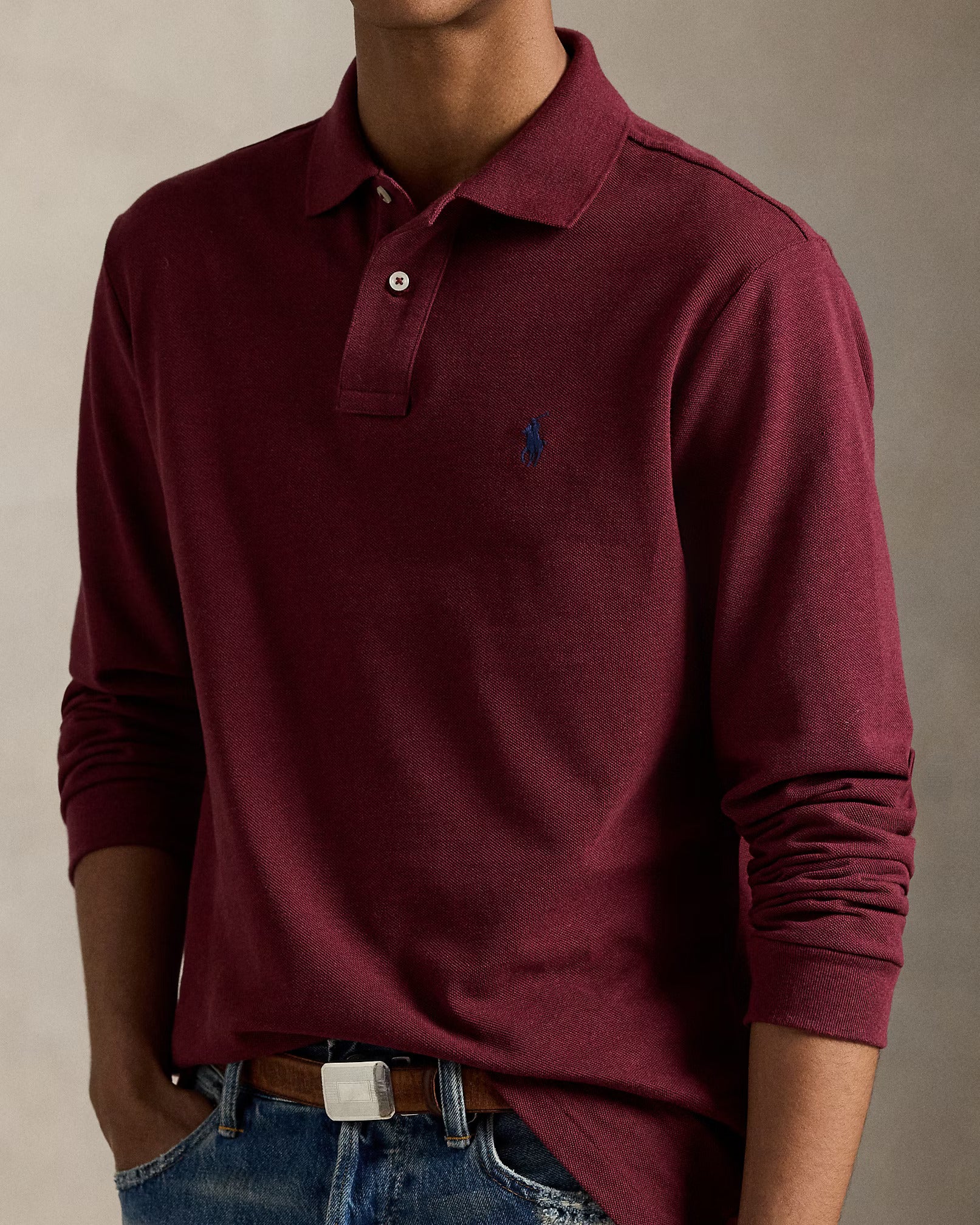 Polo manches longues en maille de coton bordeaux