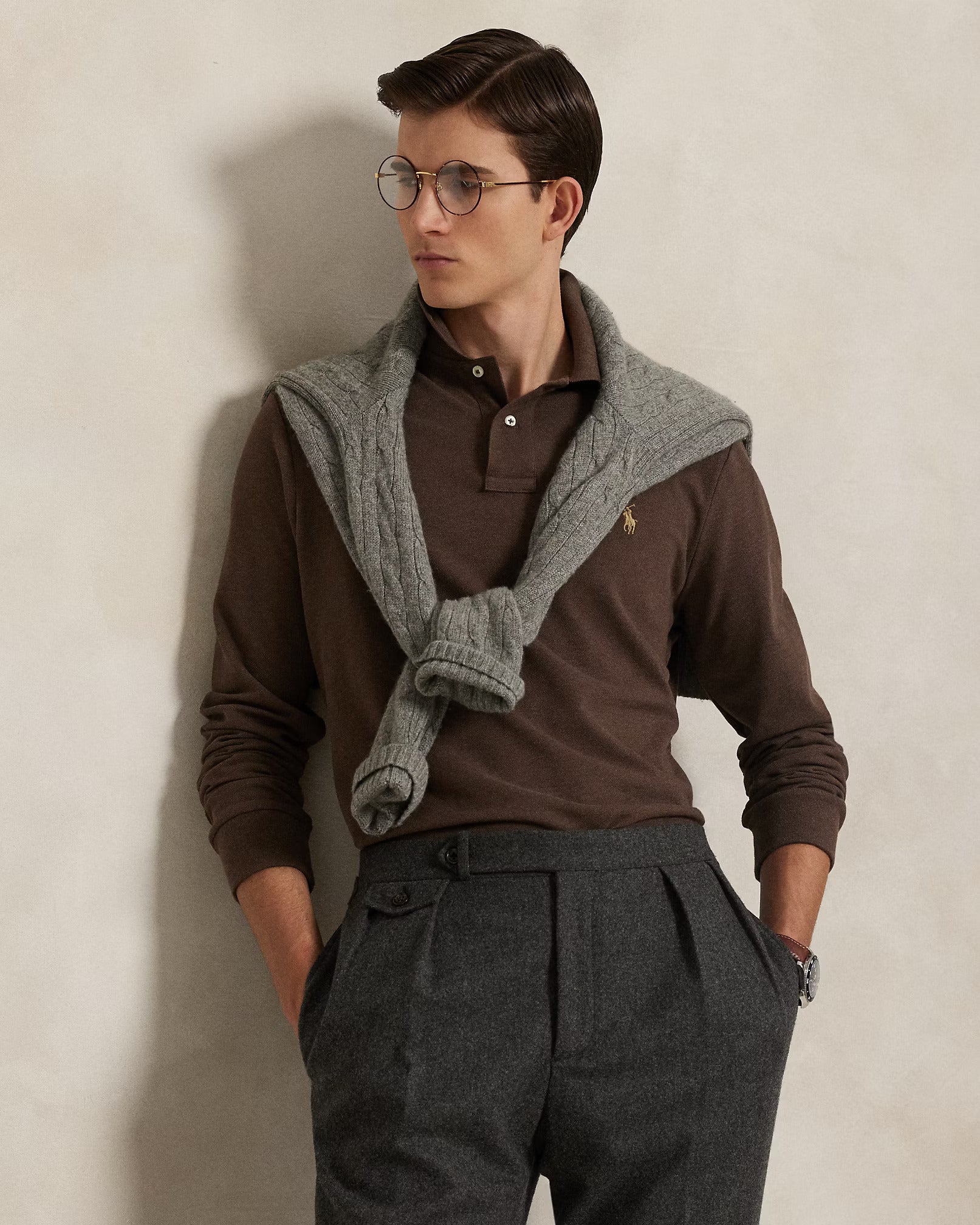 Polo manches longues en maille de coton brun