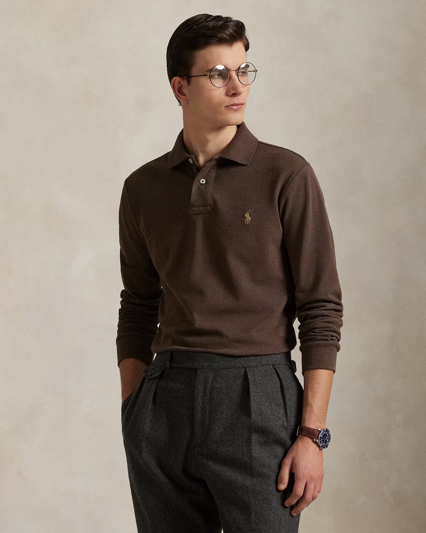 Polo manches longues en maille de coton brun