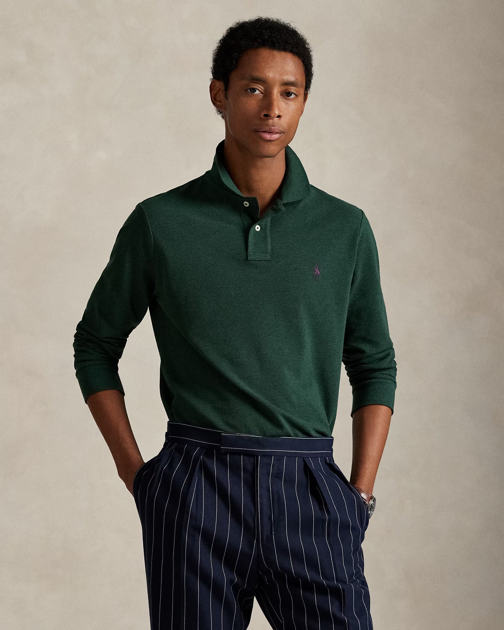 Polo manches longues en maille de coton vert